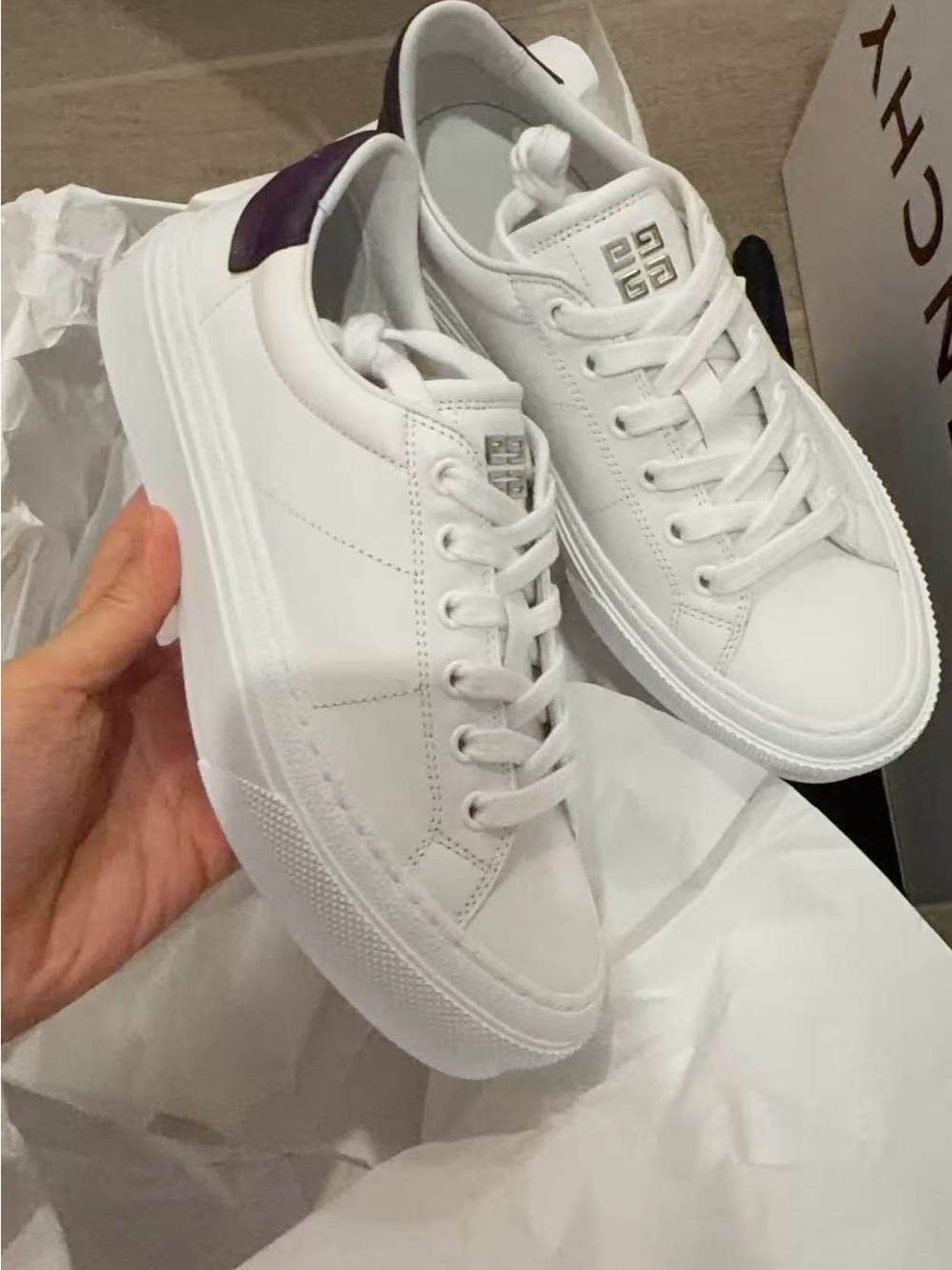 Givenchy White Leather Sneakers with Purple Heel Accent